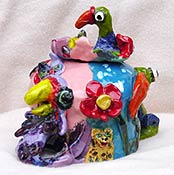 "Purple Cockatoo & Green-Headed Ibis Teapot" -        Maija Peeples, Copyright 2001, Modern Tea Party -- Click to Expand...